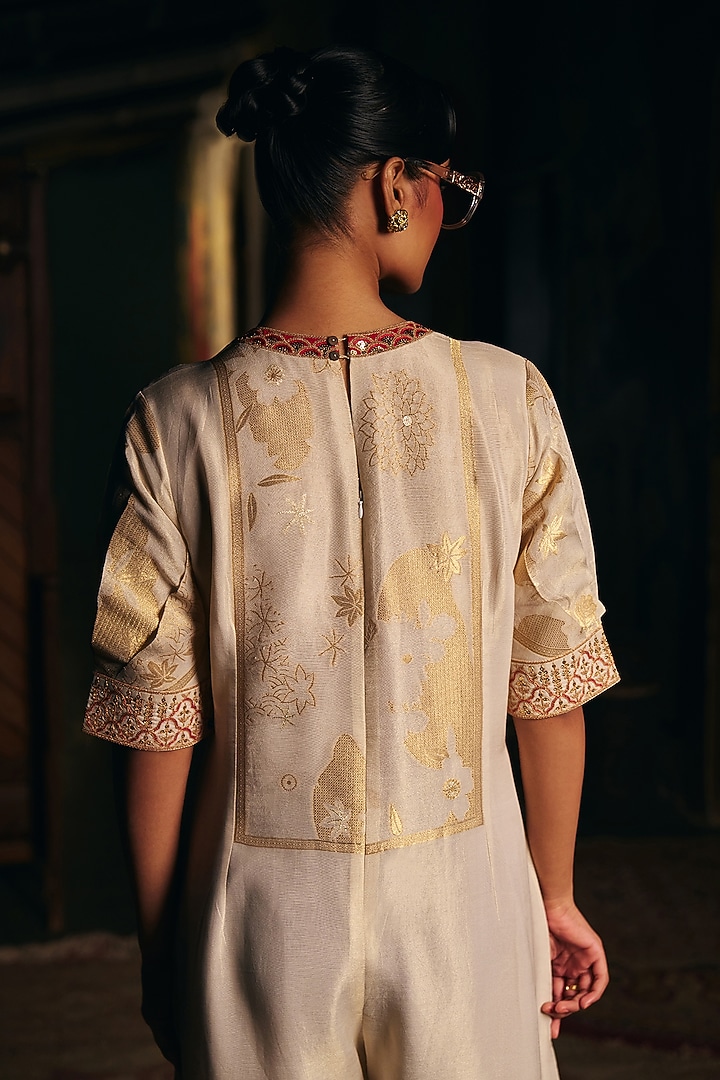Ivory Fine Chanderi Jacquard Motif Embroidered Jumpsuit by SHRADDHA RAMBHIA at Pernia's Pop Up Shop