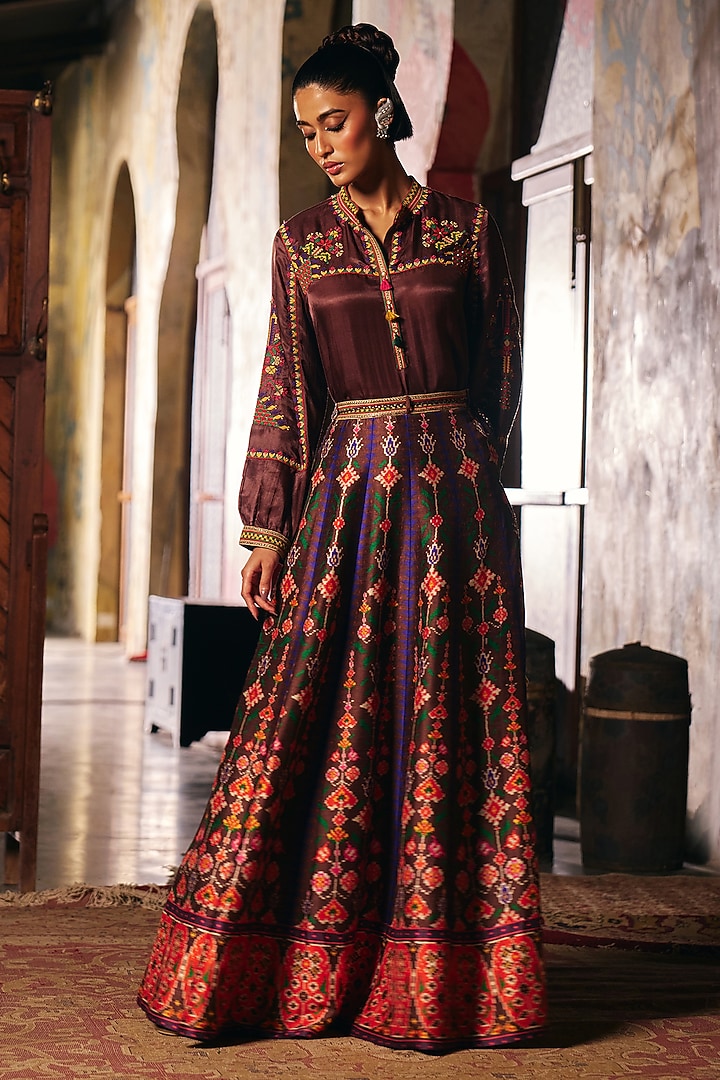 Brown Vegan Slub Skirt Set by SHRADDHA RAMBHIA at Pernia's Pop Up Shop