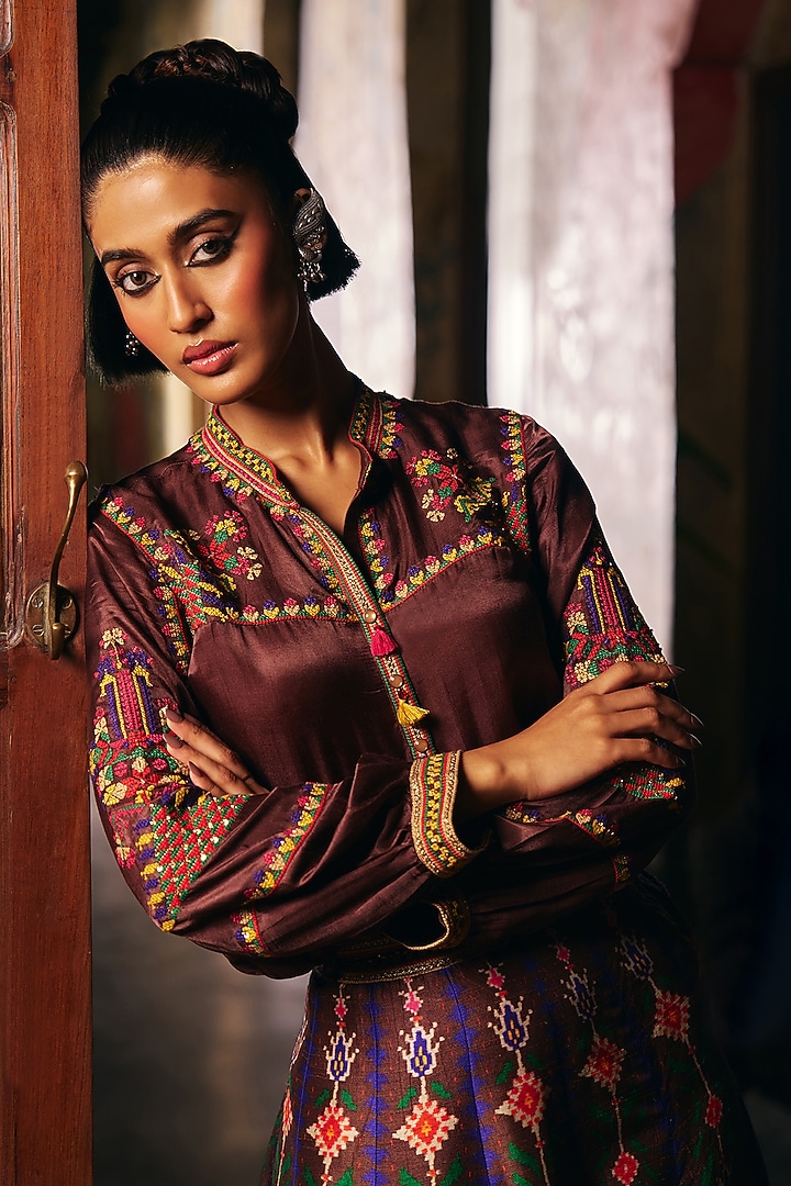 Brown Vegan Slub Skirt Set by SHRADDHA RAMBHIA at Pernia's Pop Up Shop