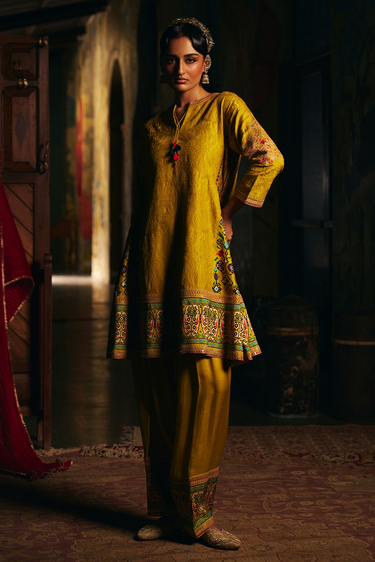 SHRADDHA RAMBHIA Mustard Vegan Slub Patola Printed Kurta Set