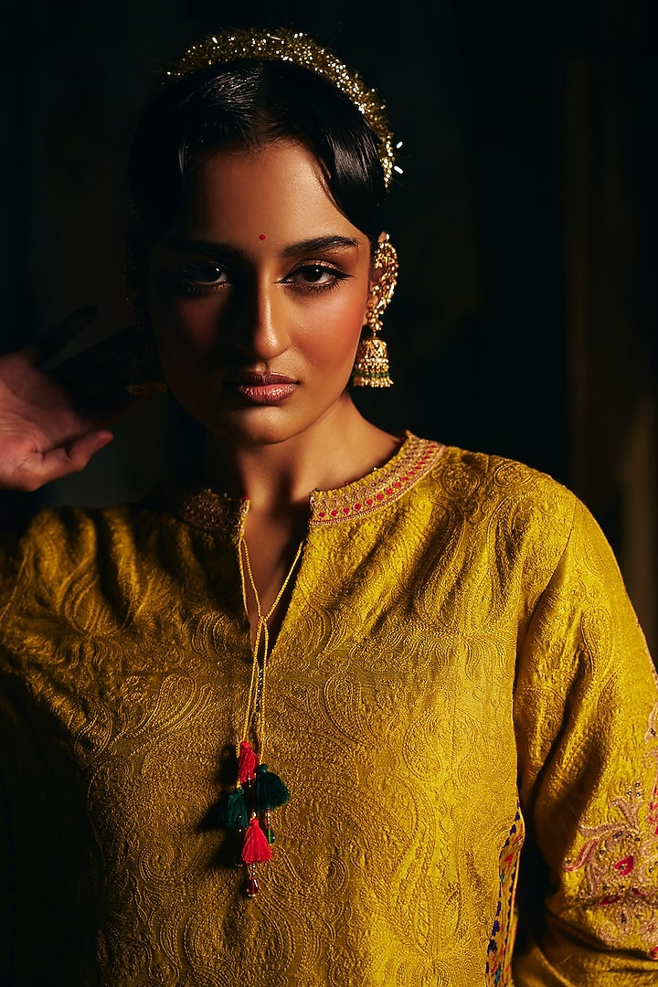 Mustard Vegan Slub Patola Printed Kurta Set by SHRADDHA RAMBHIA at Pernia's Pop Up Shop