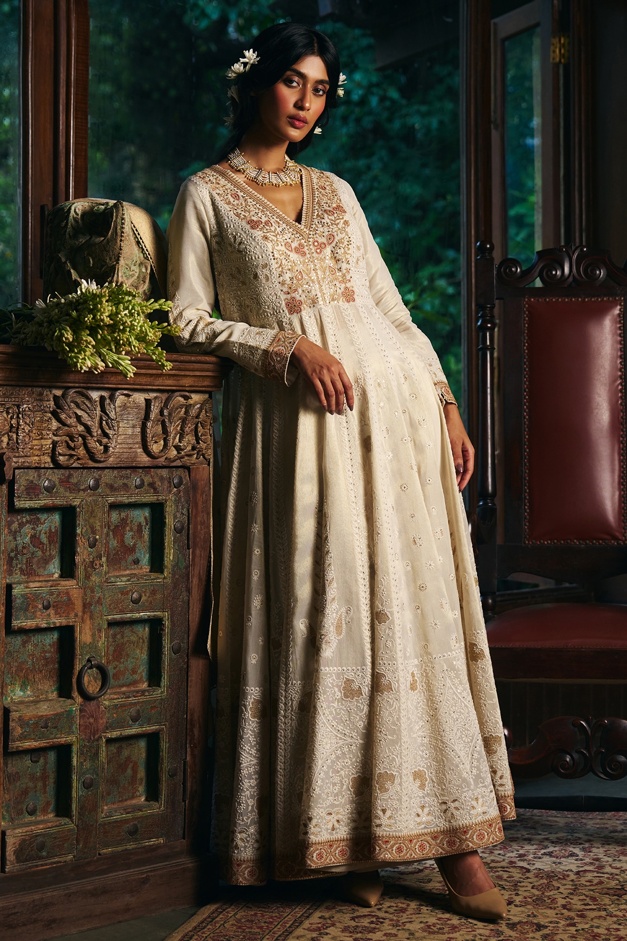 SHRADDHA RAMBHIA Ivory Fine Chanderi Tissue Lucknowi Embroidered Anarkali Set