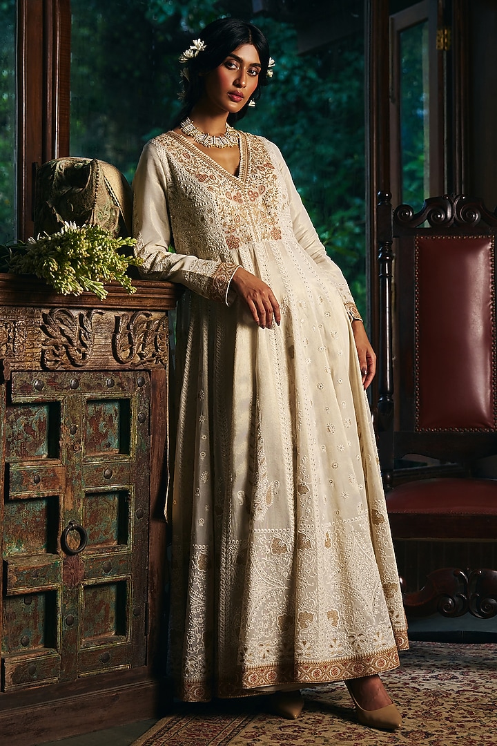 Ivory Fine Chanderi Tissue Lucknowi Embroidered Wedding Anarkali Set by SHRADDHA RAMBHIA at Pernia's Pop Up Shop
