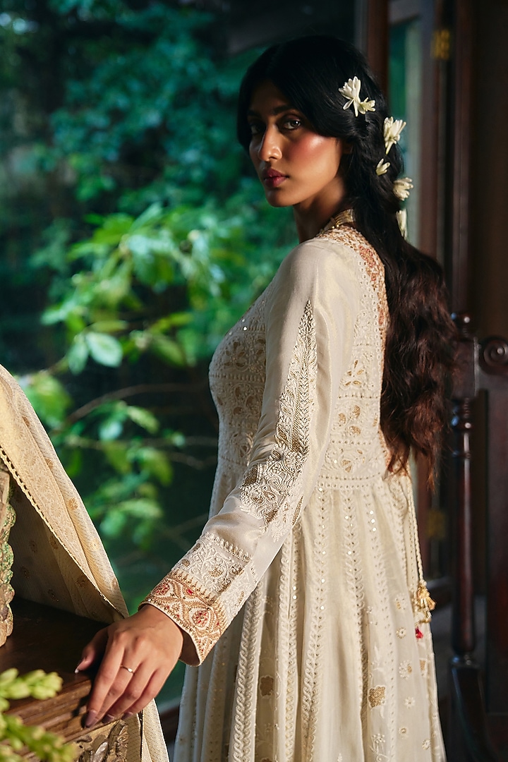Ivory Fine Chanderi Tissue Lucknowi Embroidered Wedding Anarkali Set by SHRADDHA RAMBHIA at Pernia's Pop Up Shop