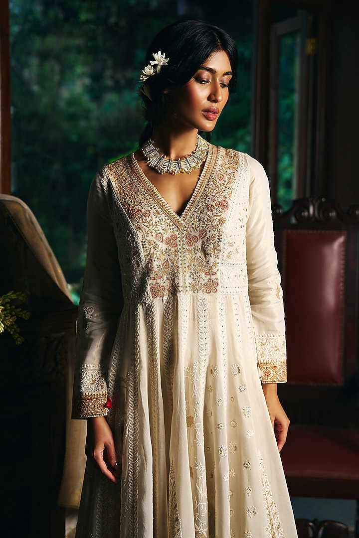 Ivory Fine Chanderi Tissue Lucknowi Embroidered Wedding Anarkali Set by SHRADDHA RAMBHIA at Pernia's Pop Up Shop