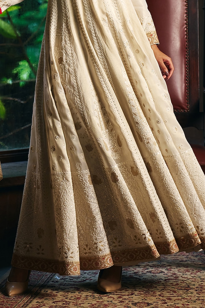 Ivory Fine Chanderi Tissue Lucknowi Embroidered Wedding Anarkali Set by SHRADDHA RAMBHIA at Pernia's Pop Up Shop