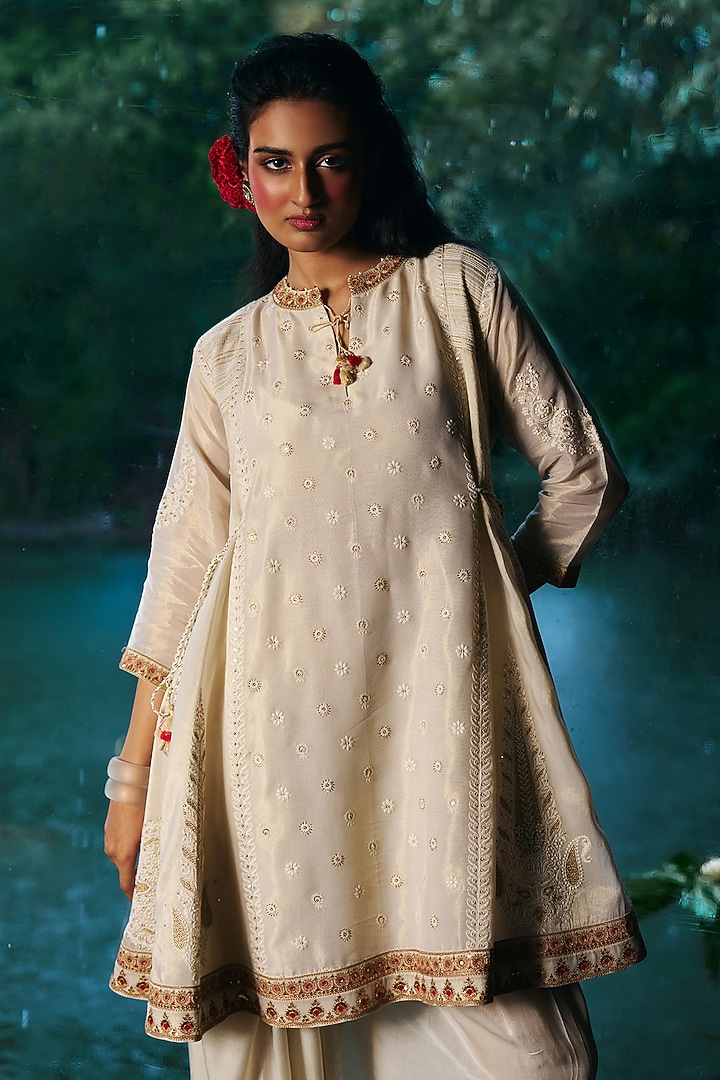 Ivory Fine Chanderi Tissue Lucknowi Embroidered Kurta Set by SHRADDHA RAMBHIA at Pernia's Pop Up Shop