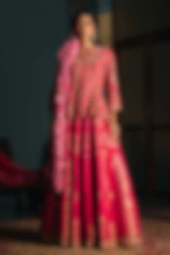 Rani Pink Brocade Satin Skirt Set by SHRADDHA RAMBHIA at Pernia's Pop Up Shop
