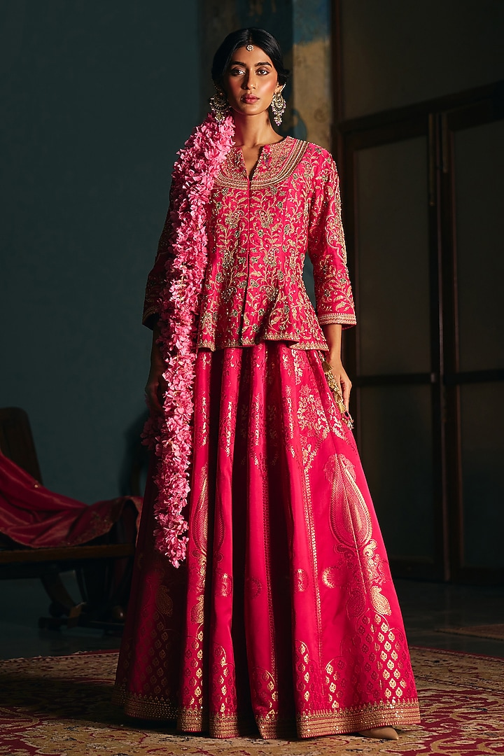 Rani Pink Brocade Satin Skirt Set by SHRADDHA RAMBHIA at Pernia's Pop Up Shop