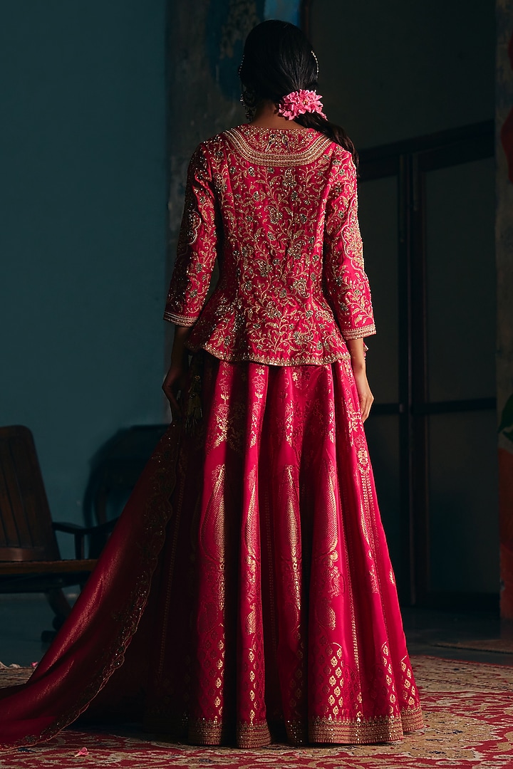 Rani Pink Brocade Satin Skirt Set by SHRADDHA RAMBHIA at Pernia's Pop Up Shop
