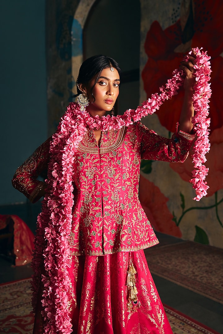 Rani Pink Brocade Satin Skirt Set by SHRADDHA RAMBHIA at Pernia's Pop Up Shop
