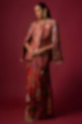 Red Jacquard Tissue Printed Jacket Set by SHRADDHA RAMBHIA at Pernia's Pop Up Shop