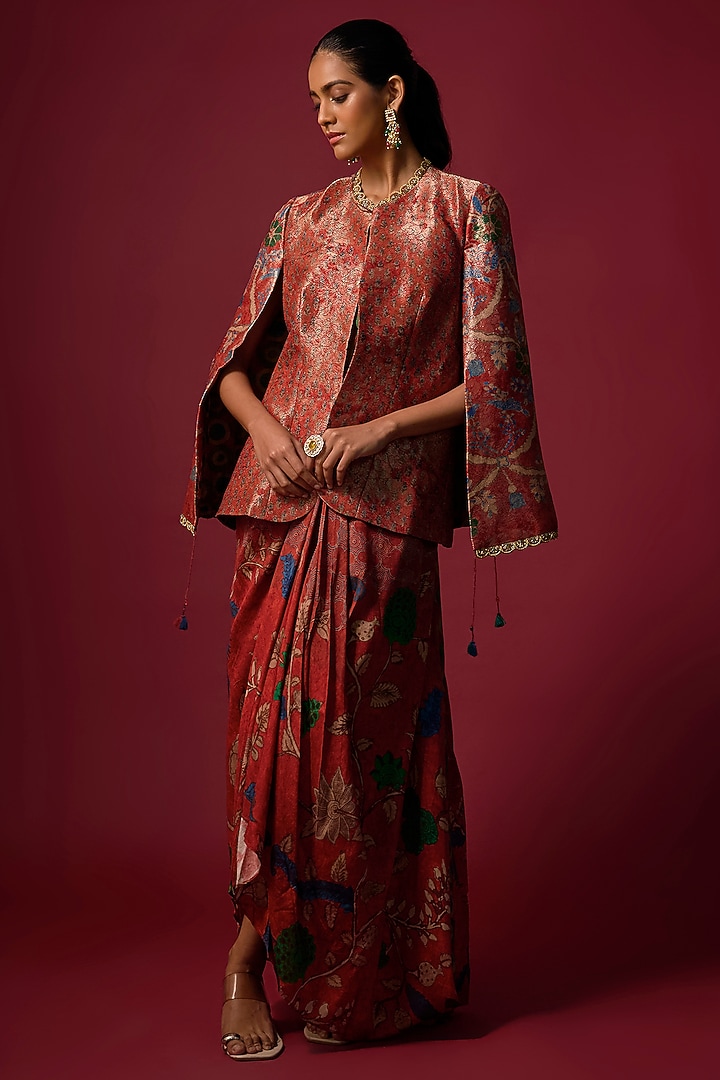 Red Jacquard Tissue Printed Jacket Set by SHRADDHA RAMBHIA at Pernia's Pop Up Shop