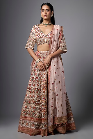 Blush Pink Slub Silk Hand Embroidered Lehenga Set by SHRADDHA RAMBHIA