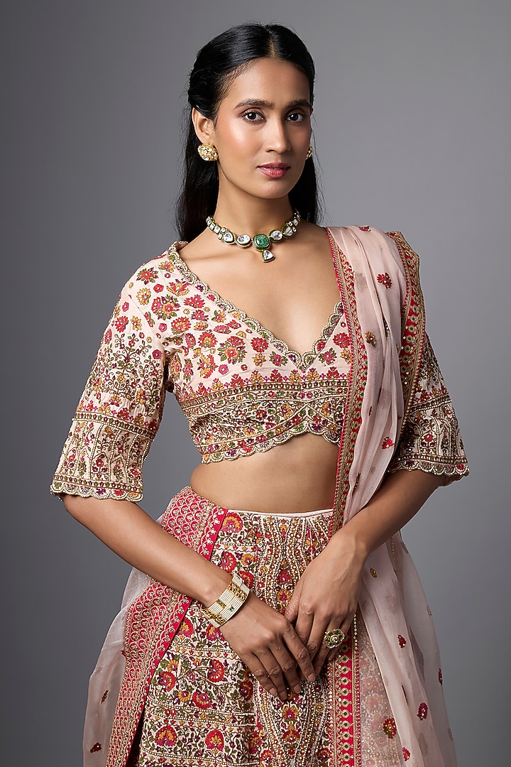 Blush Pink Slub Silk Hand Embroidered Bridal Lehenga Set by SHRADDHA RAMBHIA at Pernia's Pop Up Shop