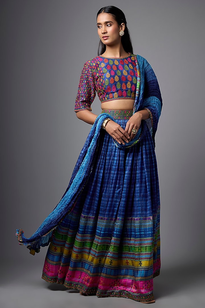 Blue Slub Silk Printed Lehenga Set by SHRADDHA RAMBHIA at Pernia's Pop Up Shop