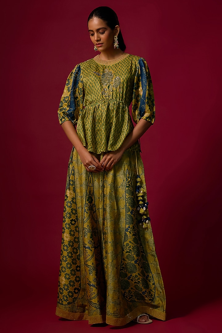 Mustard Vegan Gajji Silk Printed & Embroidered Co-Ord Set by SHRADDHA RAMBHIA at Pernia's Pop Up Shop