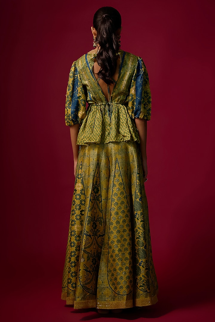 Mustard Vegan Gajji Silk Printed & Embroidered Co-Ord Set by SHRADDHA RAMBHIA at Pernia's Pop Up Shop