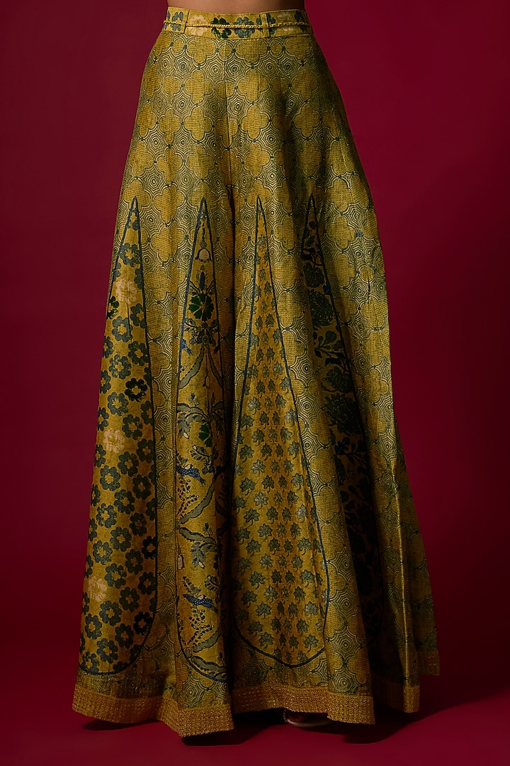Mustard Vegan Gajji Silk Printed & Embroidered Co-Ord Set by SHRADDHA RAMBHIA at Pernia's Pop Up Shop
