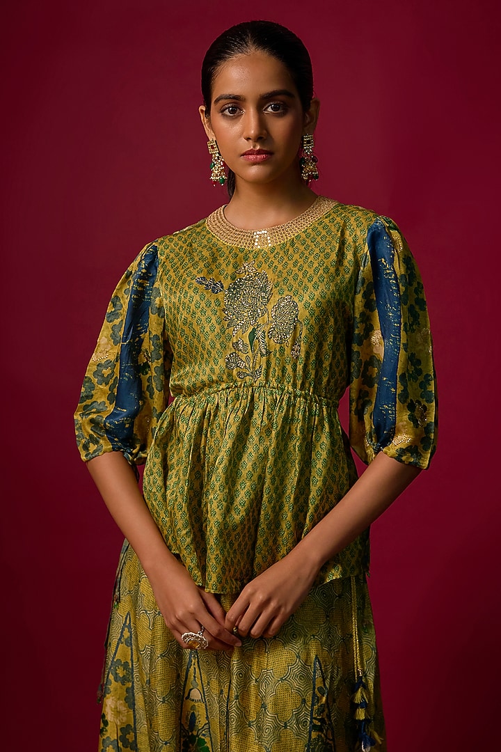Mustard Vegan Gajji Silk Printed & Embroidered Co-Ord Set by SHRADDHA RAMBHIA at Pernia's Pop Up Shop
