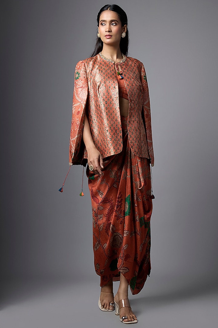 Orange Jacquard Tissue Printed Cape Set by SHRADDHA RAMBHIA at Pernia's Pop Up Shop