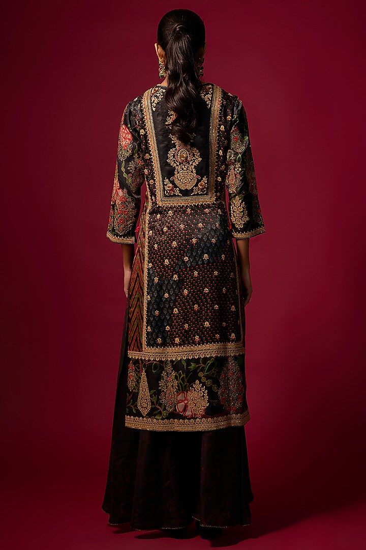 Black Gajji Silk Printed & Embroidered Kurta Set by SHRADDHA RAMBHIA at Pernia's Pop Up Shop