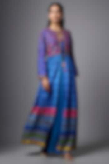 Blue Slub & Satin Printed Jacket Set by SHRADDHA RAMBHIA at Pernia's Pop Up Shop