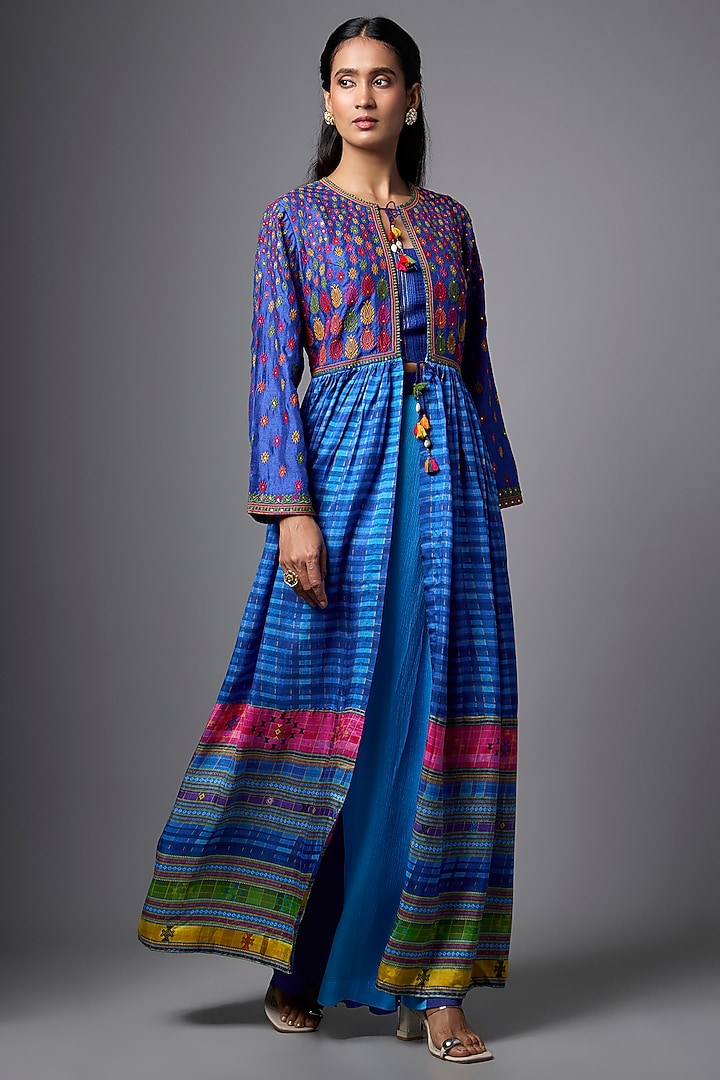 Blue Slub & Satin Printed Jacket Set by SHRADDHA RAMBHIA at Pernia's Pop Up Shop