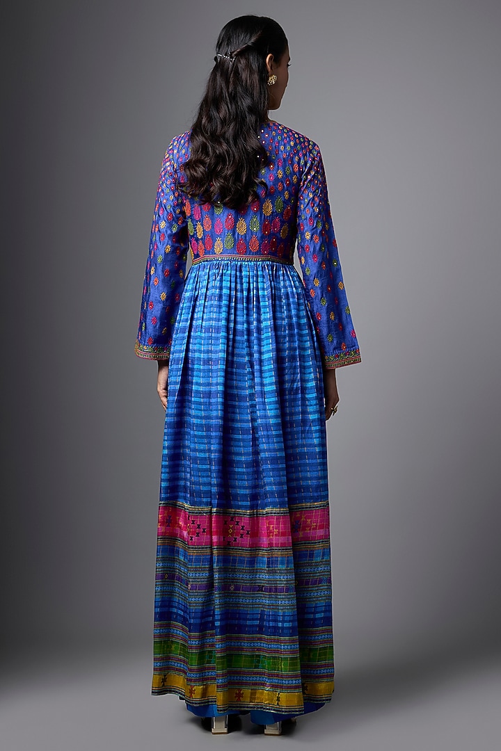 Blue Slub & Satin Printed Jacket Set by SHRADDHA RAMBHIA at Pernia's Pop Up Shop