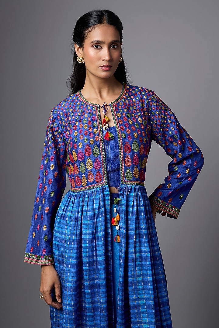 Blue Slub & Satin Printed Jacket Set by SHRADDHA RAMBHIA at Pernia's Pop Up Shop