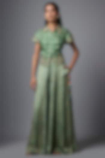 Green Vegan Gajji Silk Printed Co-Ord Set by SHRADDHA RAMBHIA at Pernia's Pop Up Shop