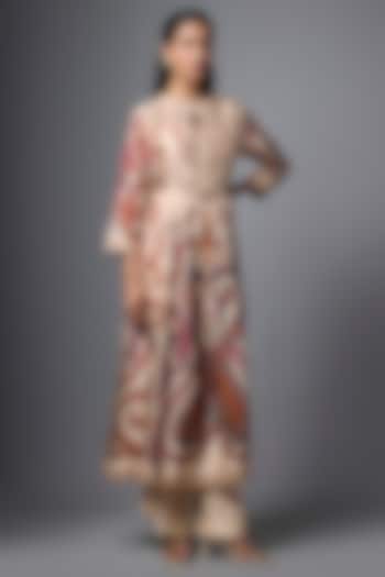 Beige Vegan Slub Silk Paisley Printed & Embroidered Kurta Set by SHRADDHA RAMBHIA at Pernia's Pop Up Shop