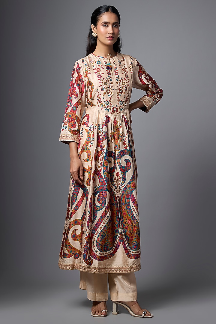 Beige Vegan Slub Silk Paisley Printed & Embroidered Kurta Set by SHRADDHA RAMBHIA at Pernia's Pop Up Shop