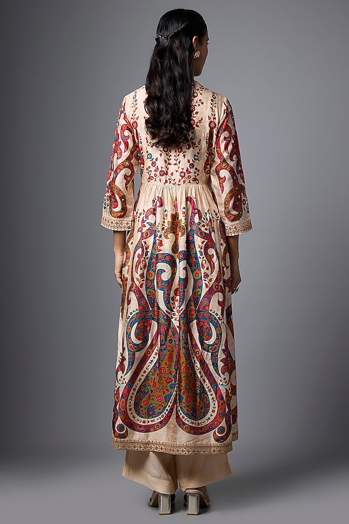 Beige Vegan Slub Silk Paisley Printed & Embroidered Kurta Set by SHRADDHA RAMBHIA at Pernia's Pop Up Shop