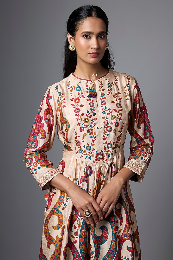 Beige Vegan Slub Silk Paisley Printed & Embroidered Kurta Set by SHRADDHA RAMBHIA at Pernia's Pop Up Shop