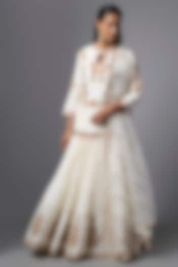 Ivory Slub Silk Resham Embroidered Crushed Wedding Lehenga Set by SHRADDHA RAMBHIA at Pernia's Pop Up Shop