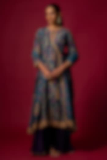 Teal Blue Slub Silk Printed & Embroidered Kurta Set by SHRADDHA RAMBHIA at Pernia's Pop Up Shop