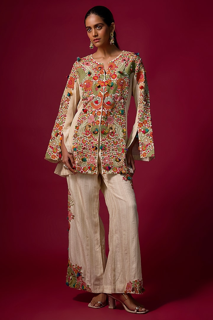 Ivory Pintuck Slub Embroidered Co-Ord Set by SHRADDHA RAMBHIA at Pernia's Pop Up Shop