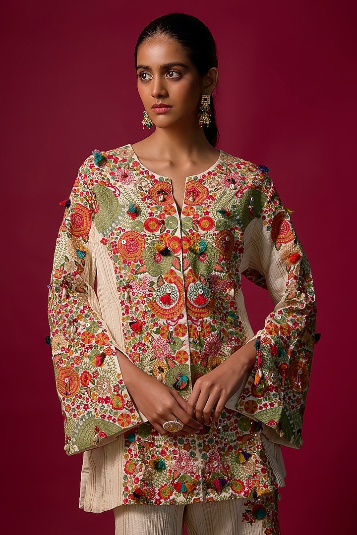 Ivory Pintuck Slub Embroidered Co-Ord Set by SHRADDHA RAMBHIA at Pernia's Pop Up Shop