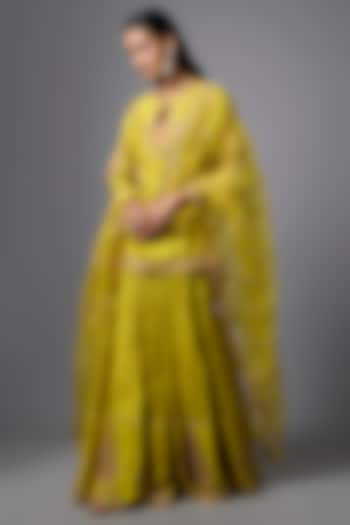 Yellow Slub Silk Resham Embroidered Crushed Wedding Lehenga Set by SHRADDHA RAMBHIA at Pernia's Pop Up Shop