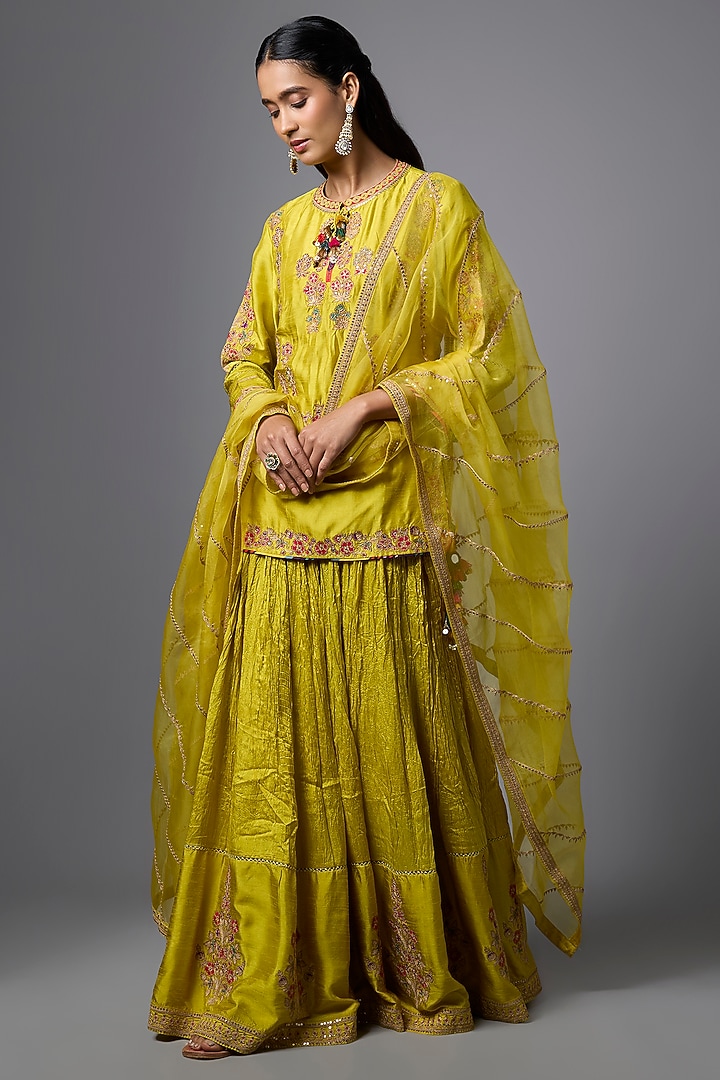 Yellow Slub Silk Resham Embroidered Crushed Wedding Lehenga Set by SHRADDHA RAMBHIA at Pernia's Pop Up Shop
