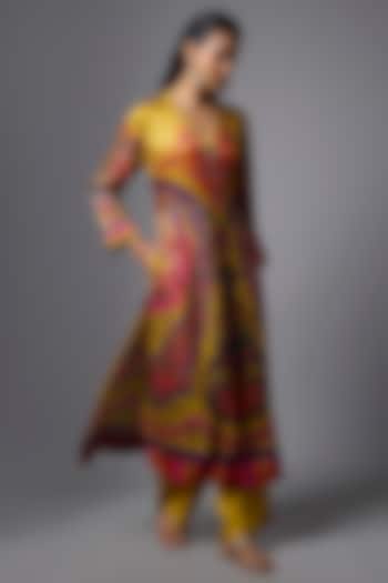 Mustard Yellow Vegan Gajji Silk Paisley Printed & Hand Embroidered Kurta Set by SHRADDHA RAMBHIA at Pernia's Pop Up Shop