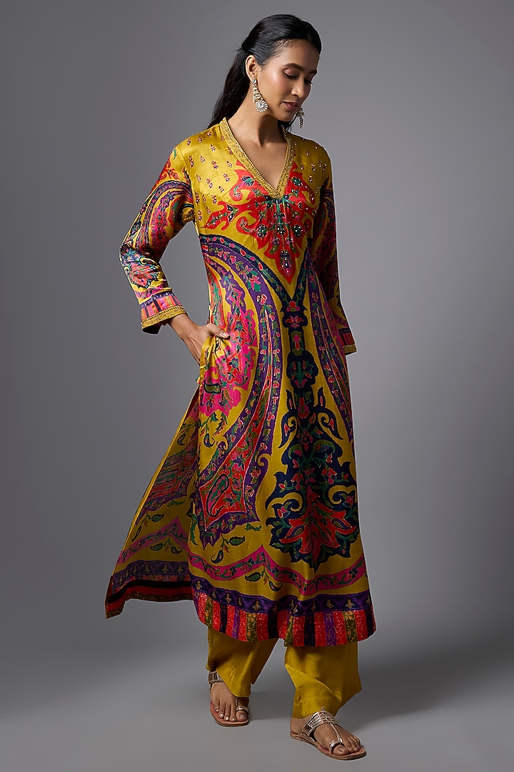Mustard Yellow Vegan Gajji Silk Paisley Printed & Hand Embroidered Kurta Set by SHRADDHA RAMBHIA at Pernia's Pop Up Shop