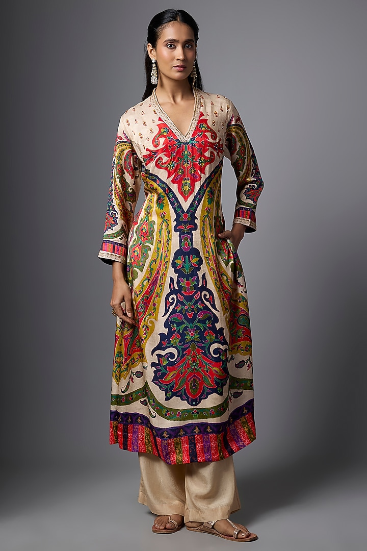 Beige Vegan Gajji Silk Paisley Printed & Hand Embroidered Kurta Set by SHRADDHA RAMBHIA at Pernia's Pop Up Shop