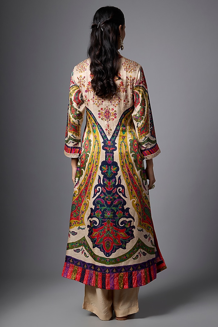 Beige Vegan Gajji Silk Paisley Printed & Hand Embroidered Kurta Set by SHRADDHA RAMBHIA at Pernia's Pop Up Shop