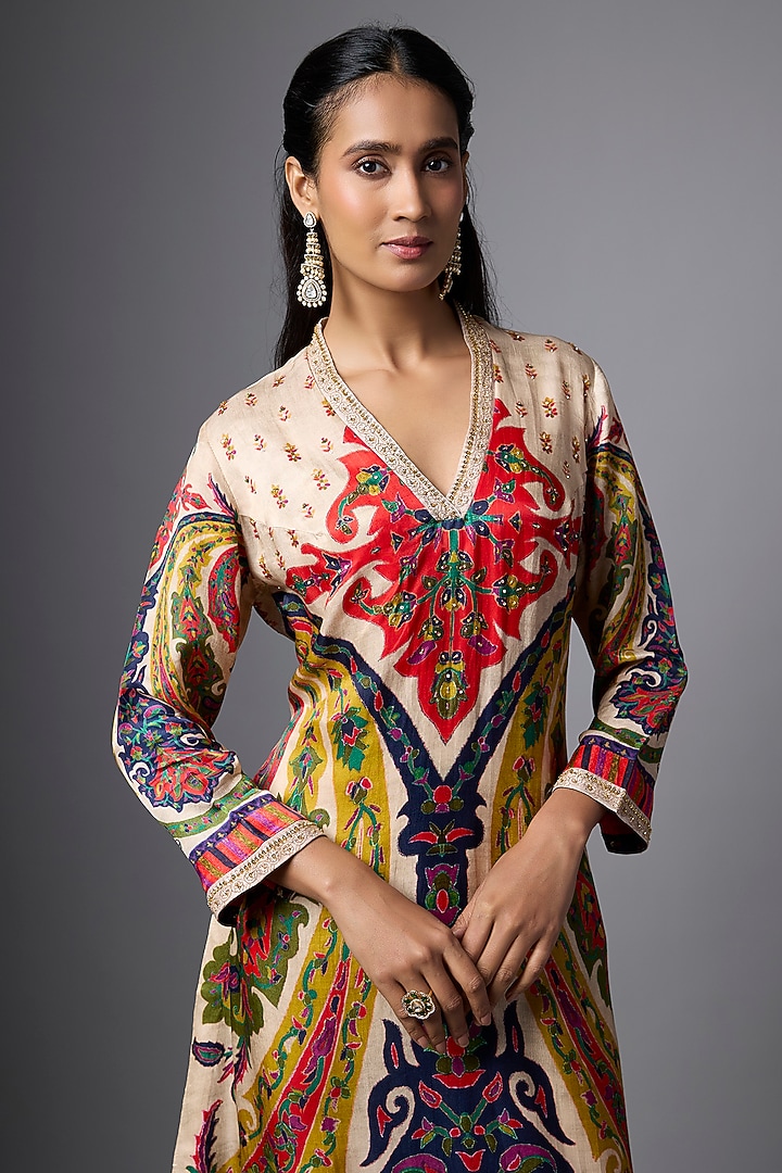 Beige Vegan Gajji Silk Paisley Printed & Hand Embroidered Kurta Set by SHRADDHA RAMBHIA at Pernia's Pop Up Shop