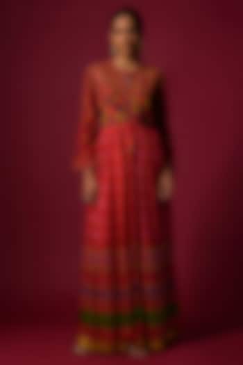 Red Satin Wrinkle Embroidered & Printed Jacket Set by SHRADDHA RAMBHIA at Pernia's Pop Up Shop