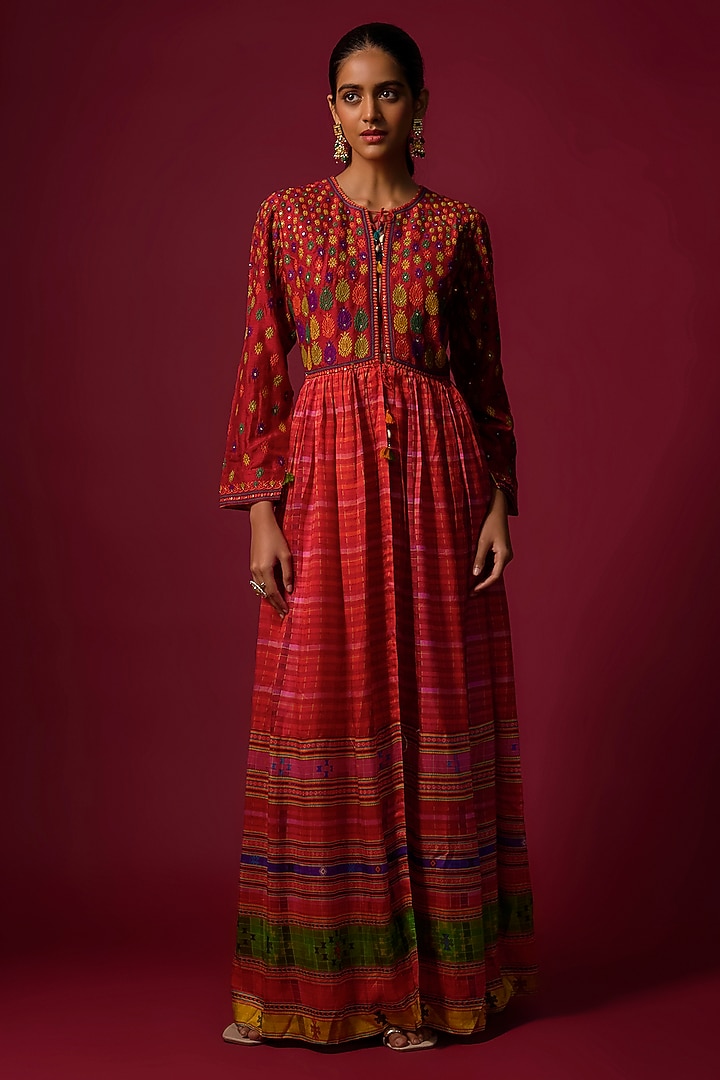 Red Satin Wrinkle Embroidered & Printed Jacket Set by SHRADDHA RAMBHIA at Pernia's Pop Up Shop