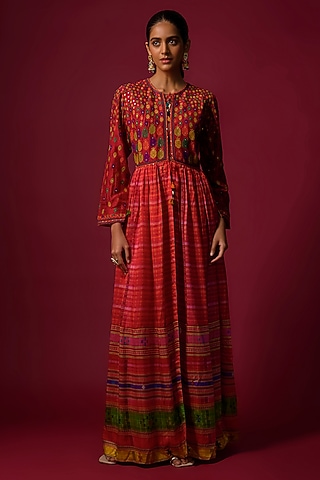Red Satin Wrinkle Embroidered & Printed Jacket Set by SHRADDHA RAMBHIA