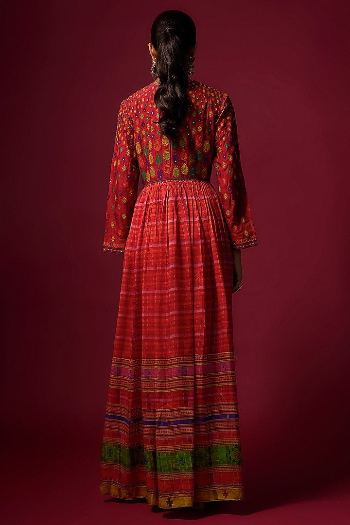 Red Satin Wrinkle Embroidered & Printed Jacket Set by SHRADDHA RAMBHIA at Pernia's Pop Up Shop